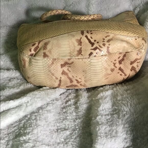 Elaine Turner Snakeskin & Woven Straw Tote Bag - Cream/Tan with Pink Interior - Picture 5 of 11
